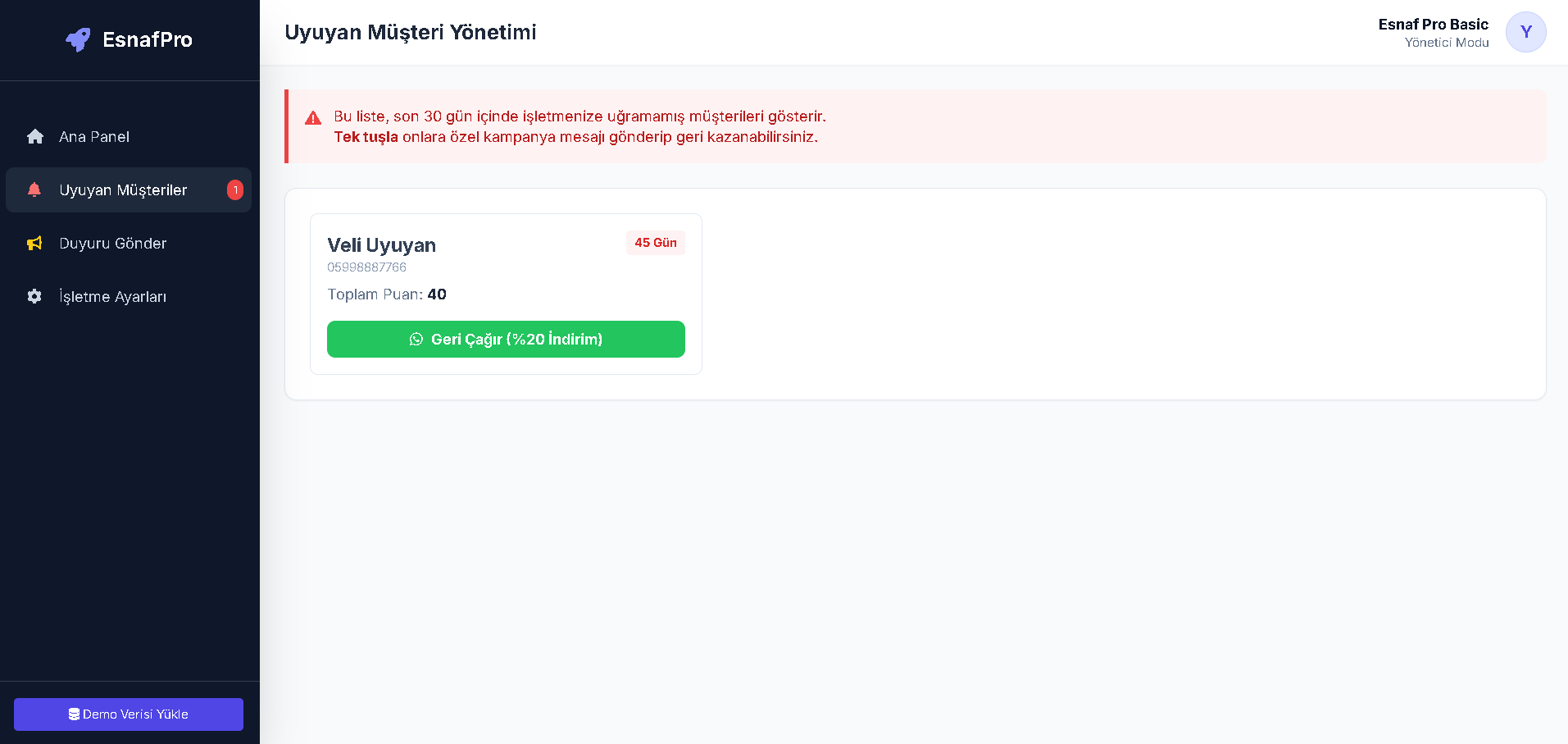 Uyuyan Müşteri Paneli