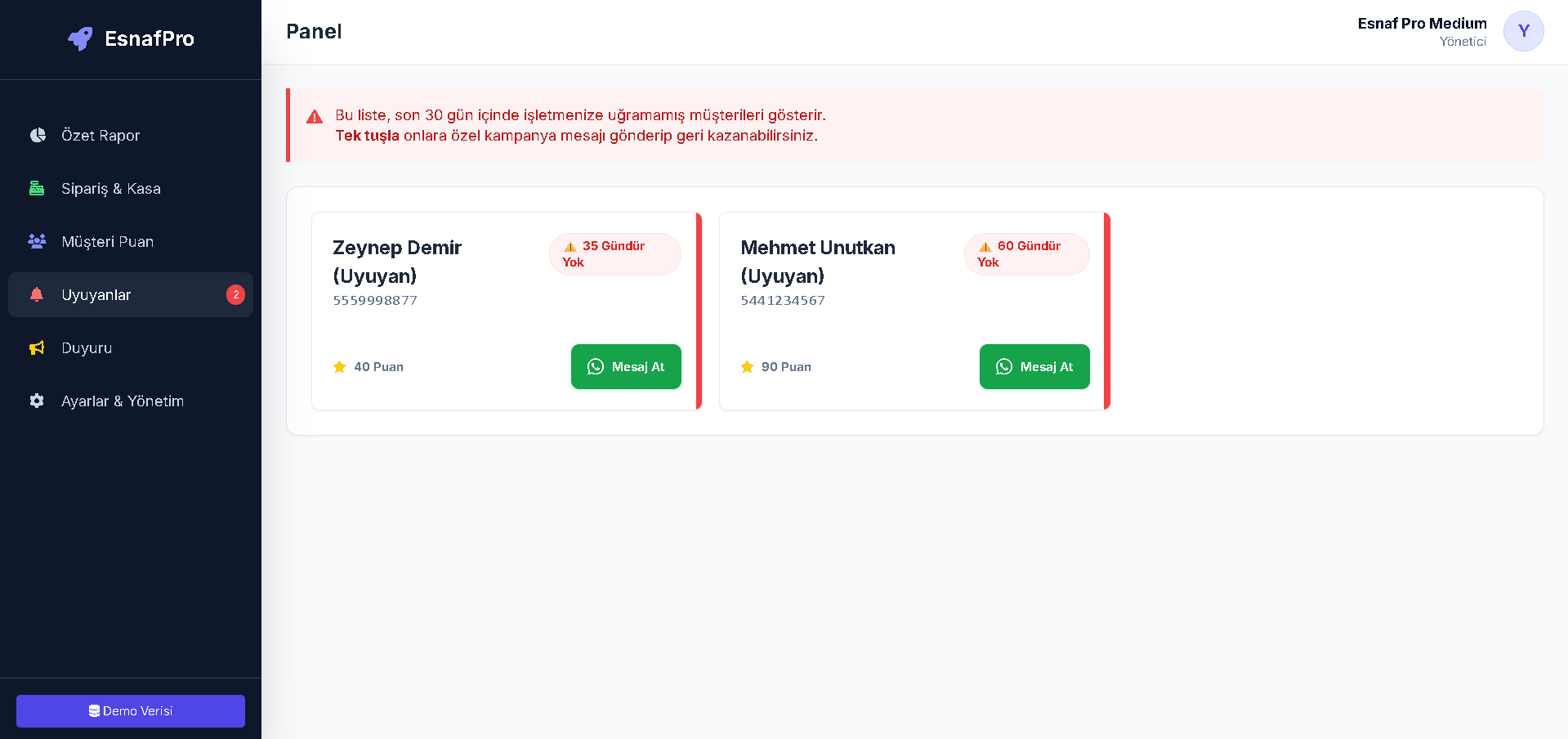 Uyuyan Müşteri Paneli